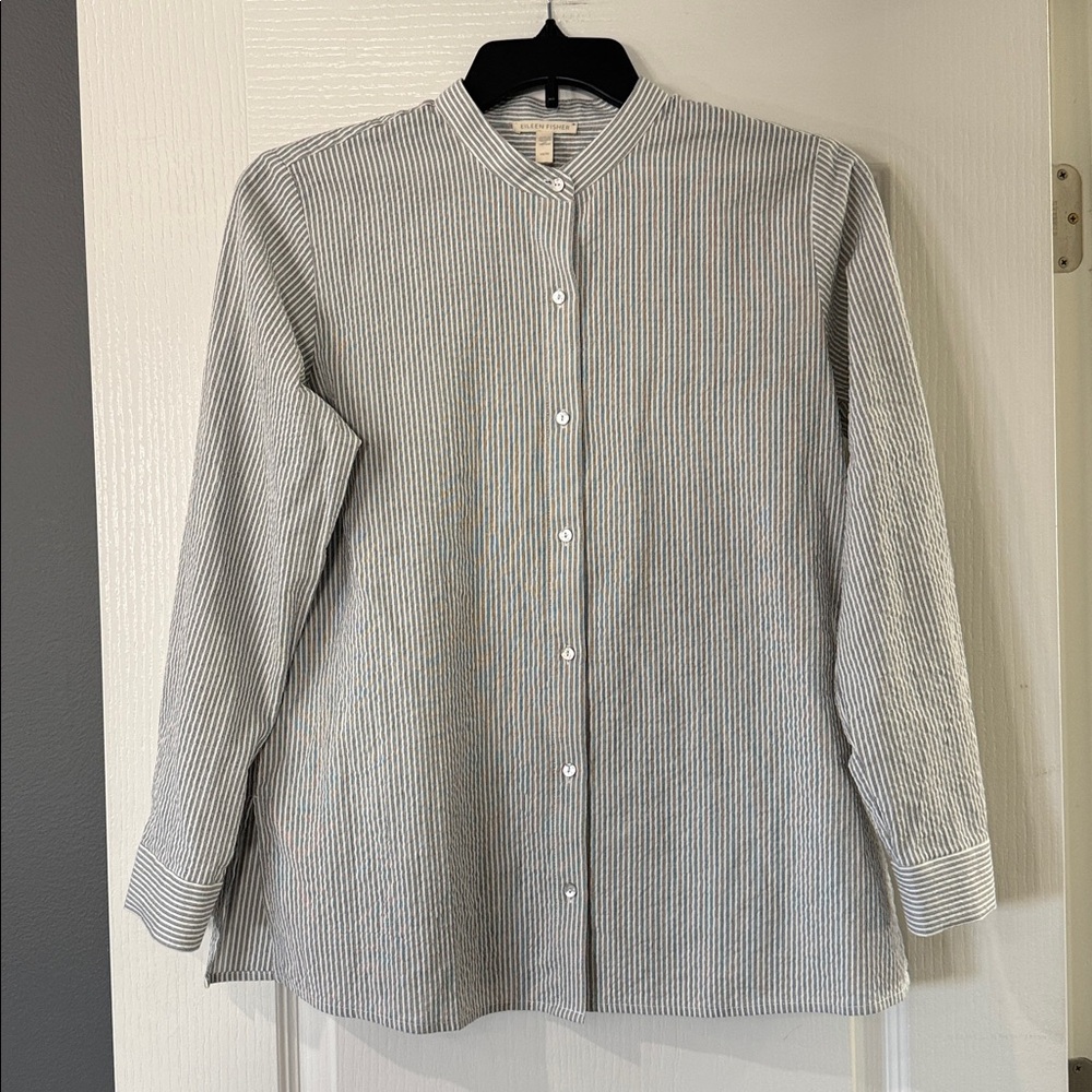 Eileen Fisher Button Front Mandarin Collar Striped Organic Cotton Shirt XS